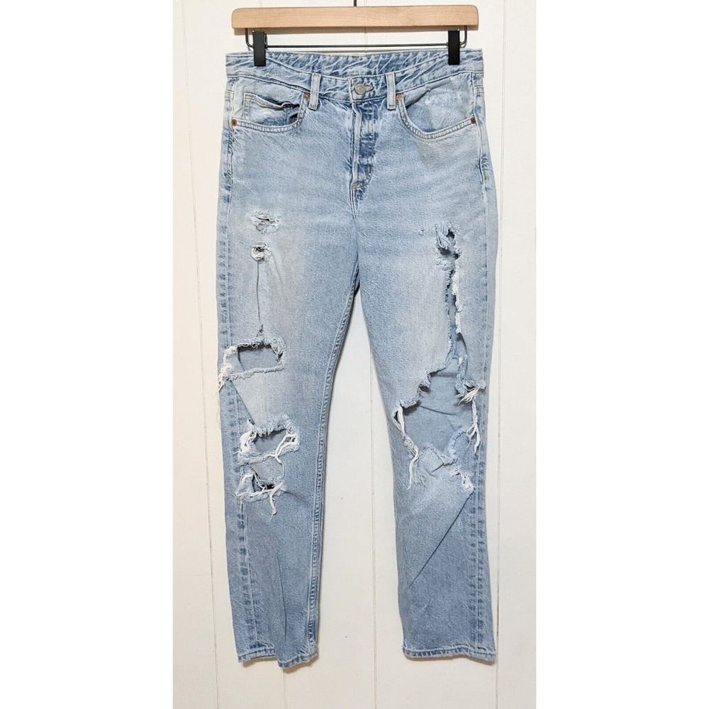 H&M &Denim Jeans Womens 26 Blue Boyfriend Low Waist Distressed Button Fly Denim